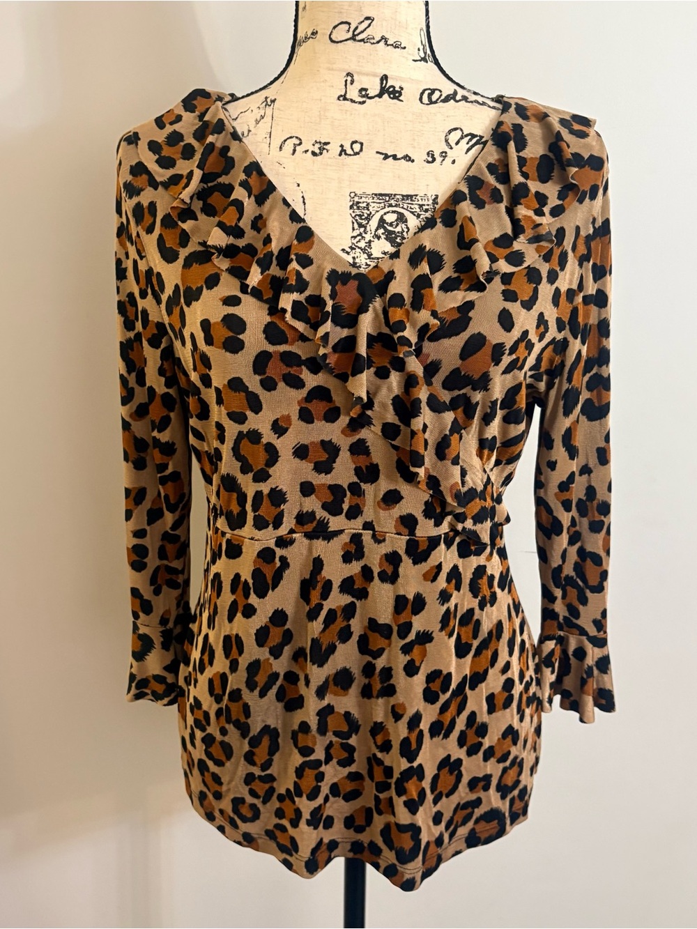 Leopard Print V-Neck Ruffle Blouse - Brown